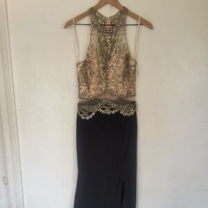 Aspeed Halter Style Beaded Sequin Nude And Black Long Gown Slit Side Sz Small